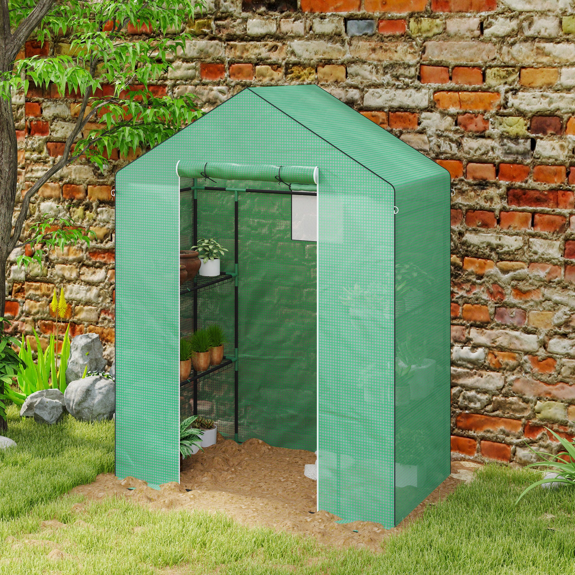 Greenhouse with Roll-Up Door, Window, Shelves, Winterproof Steel Frame Greenhouse for Balcony, Garden, Tomato House 143 x 74 x 190 cm, Tomato Greenhouse for Tomatoes, Vegetables, Green
