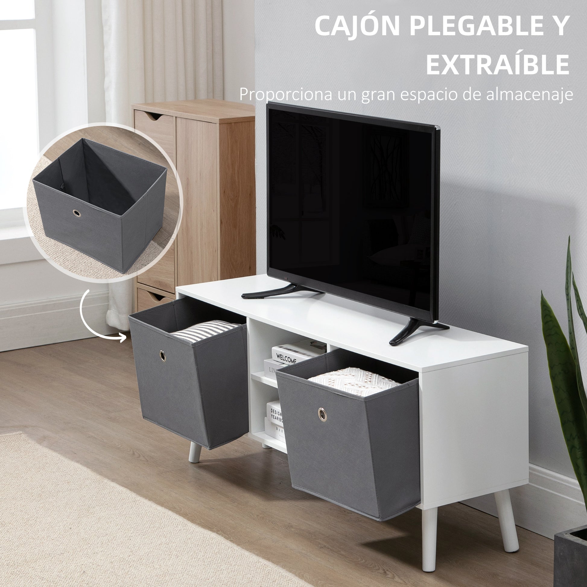 TV Stand for TVs up to 50 Inches Modern TV Stand with 2 Fabric Drawers 2 Open Shelves 110x29x46.5 cm White and Gray