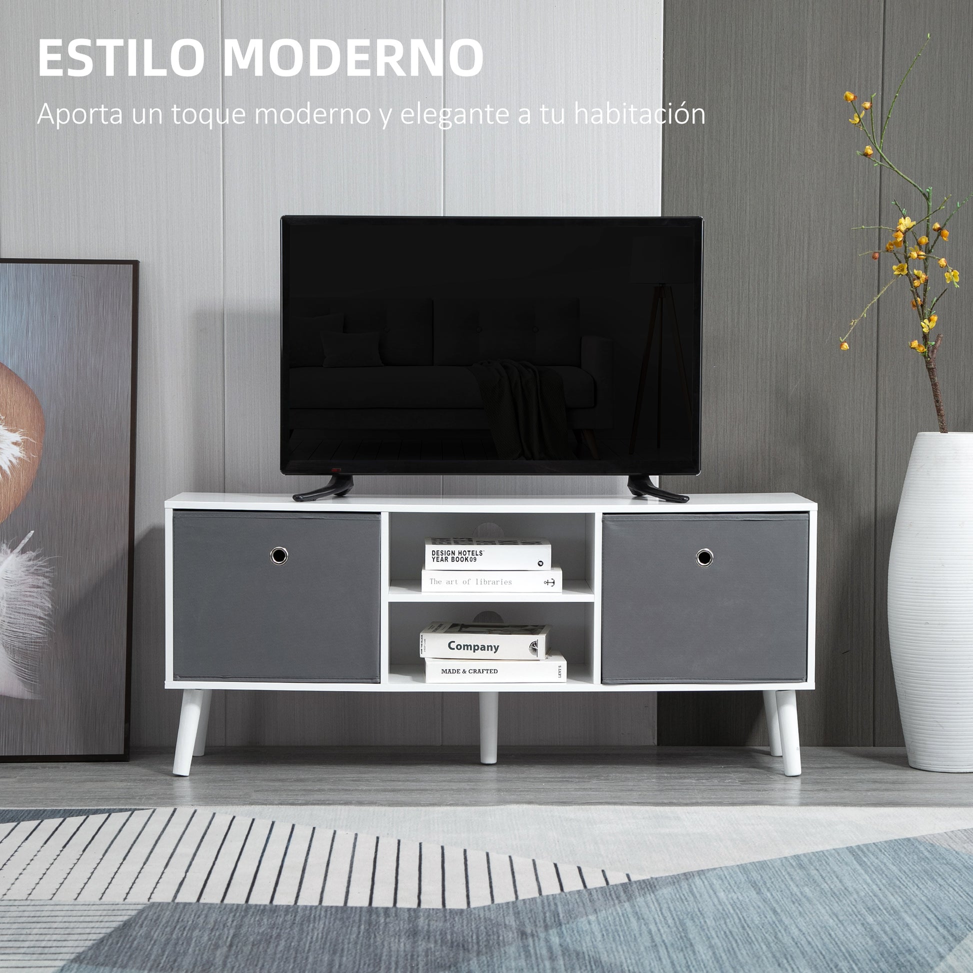 TV Stand for TVs up to 50 Inches Modern TV Stand with 2 Fabric Drawers 2 Open Shelves 110x29x46.5 cm White and Gray