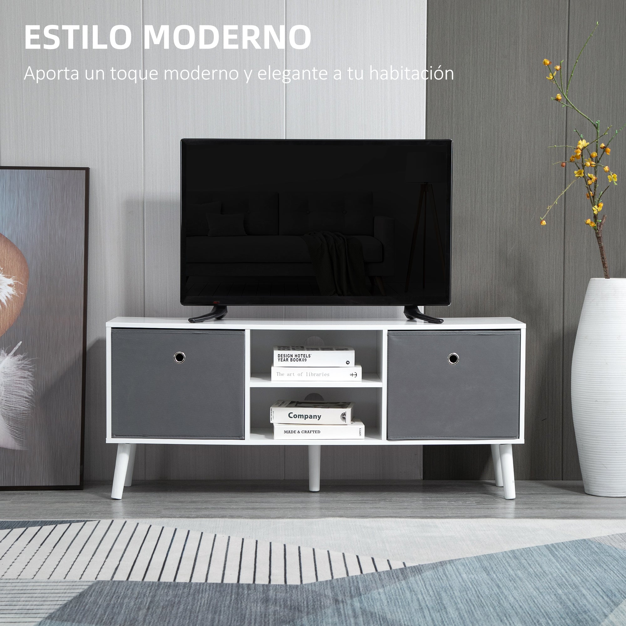 TV Stand for TVs up to 50 Inches Modern TV Stand with 2 Fabric Drawers 2 Open Shelves 110x29x46.5 cm White and Gray