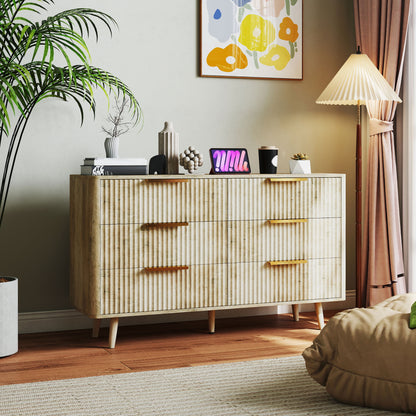 6-Drawer Dresser for Bedroom with Striped Design and Wooden Legs Sideboard for Living Room Hallway 62x35x105 cm Oak