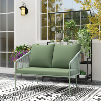 2-Seater PE Rattan Garden Sofa, Boho Style Outdoor Loveseat with Removable Cushions, Armrests, and Steel Frame, Outdoor Sofa for Terrace and Courtyard, Green