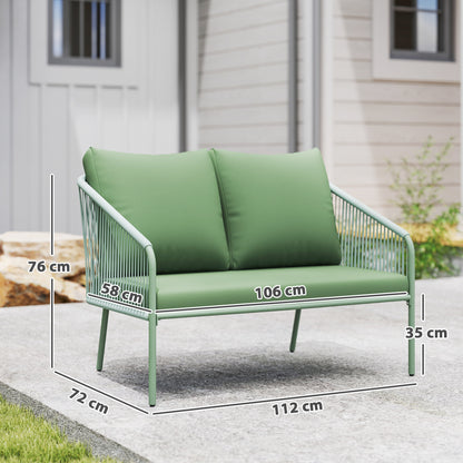 2-Seater PE Rattan Garden Sofa, Boho Style Outdoor Loveseat with Removable Cushions, Armrests, and Steel Frame, Outdoor Sofa for Terrace and Courtyard, Green