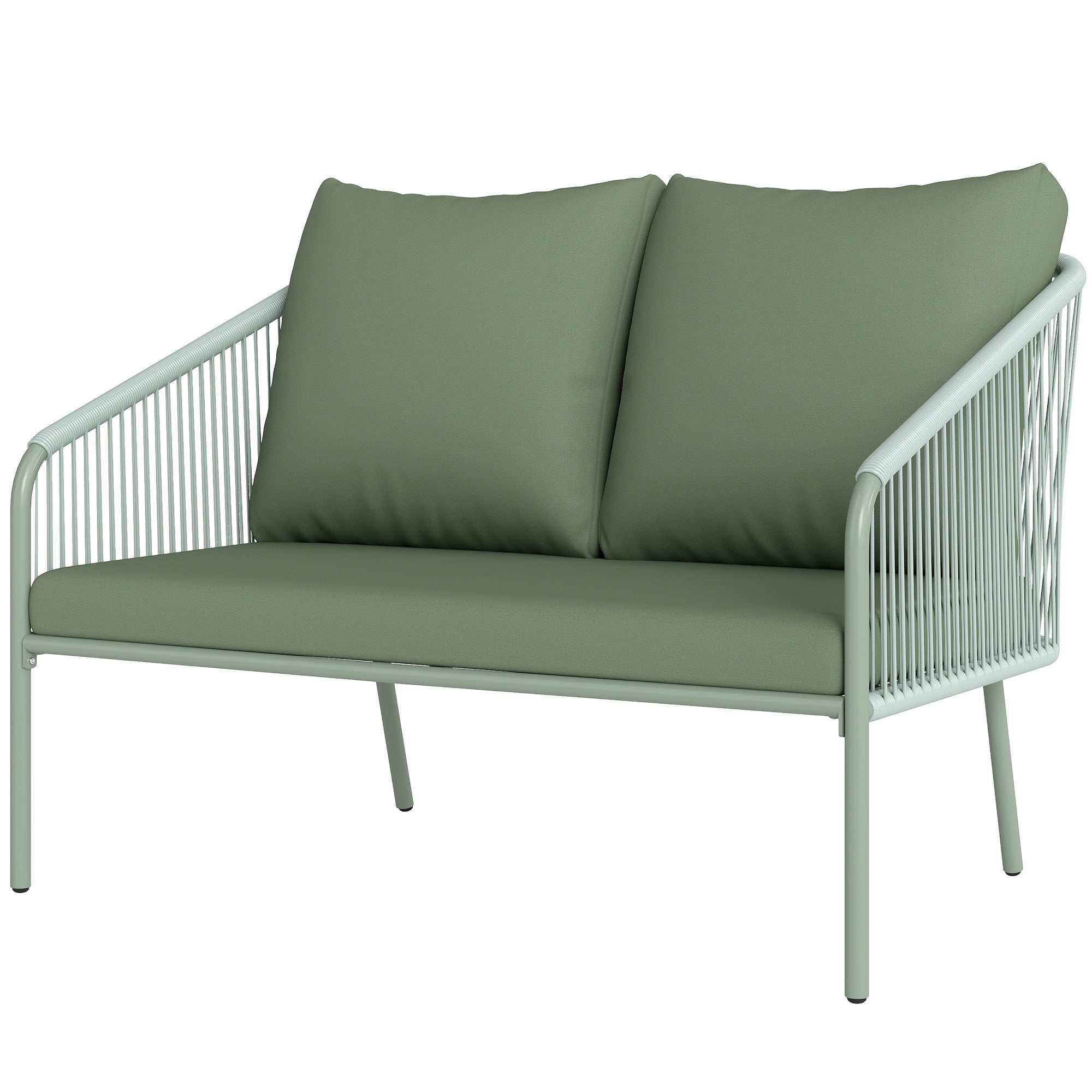 2-Seater PE Rattan Garden Sofa, Boho Style Outdoor Loveseat with Removable Cushions, Armrests, and Steel Frame, Outdoor Sofa for Terrace and Courtyard, Green