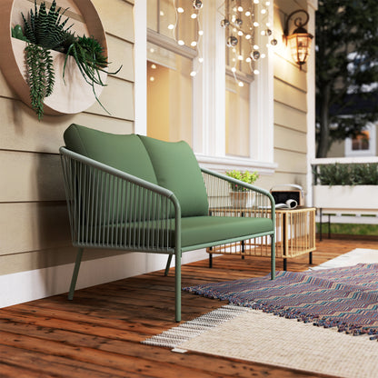 2-Seater PE Rattan Garden Sofa, Boho Style Outdoor Loveseat with Removable Cushions, Armrests, and Steel Frame, Outdoor Sofa for Terrace and Courtyard, Green