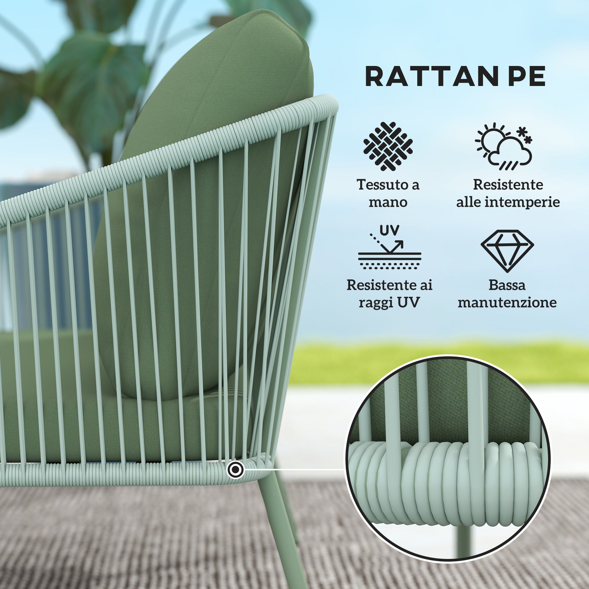 2-Seater PE Rattan Garden Sofa, Boho Style Outdoor Loveseat with Removable Cushions, Armrests, and Steel Frame, Outdoor Sofa for Terrace and Courtyard, Green