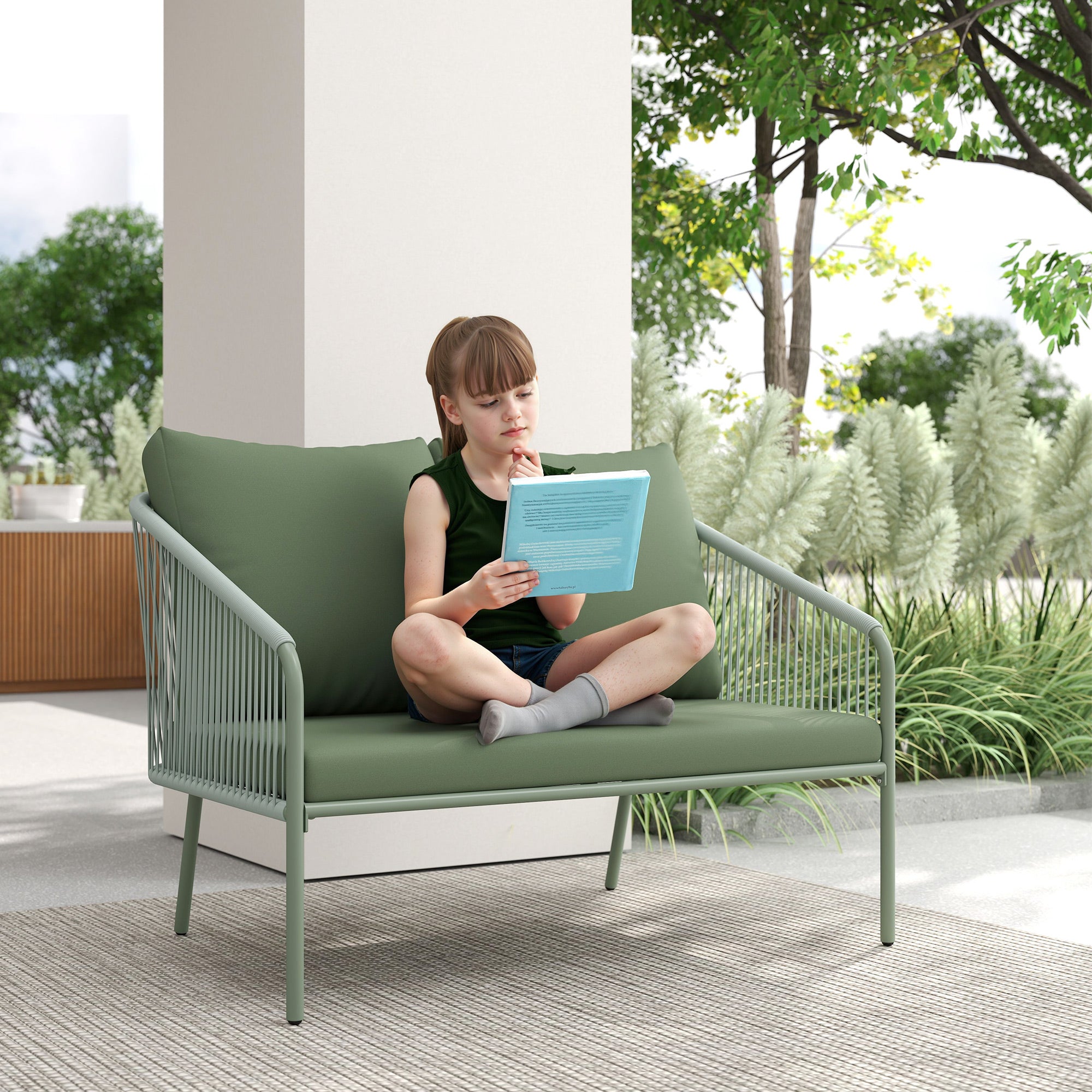2-Seater PE Rattan Garden Sofa, Boho Style Outdoor Loveseat with Removable Cushions, Armrests, and Steel Frame, Outdoor Sofa for Terrace and Courtyard, Green