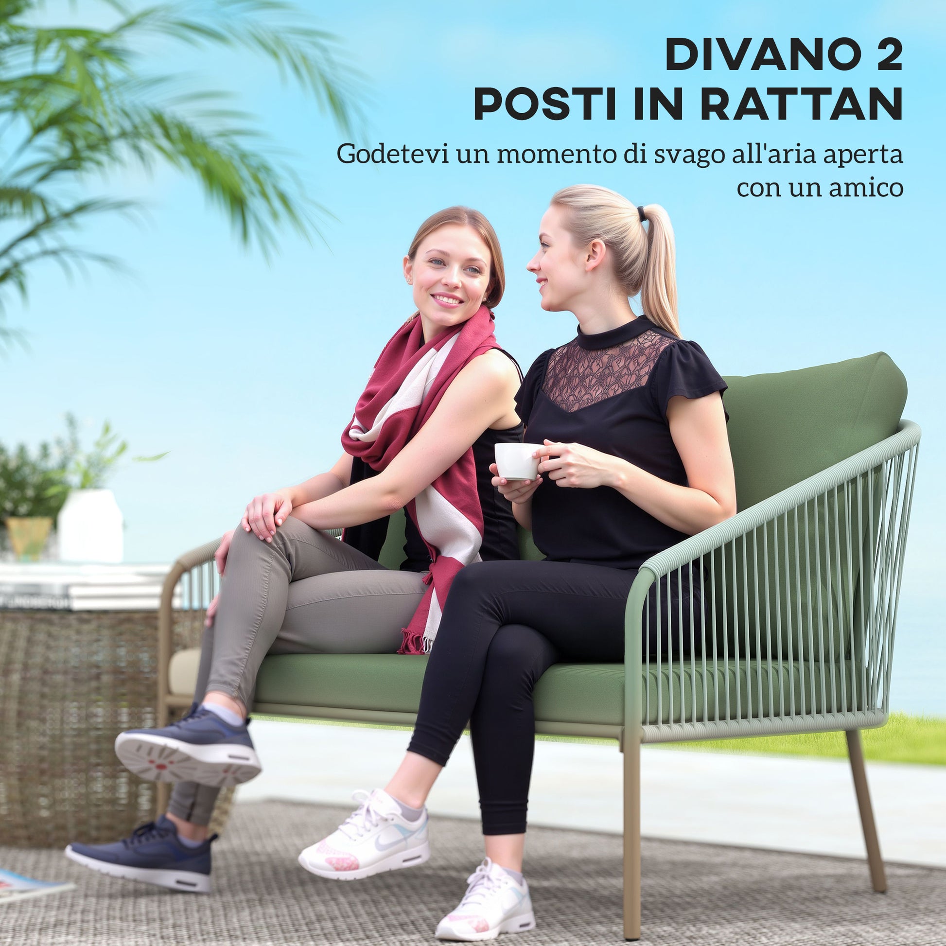 2-Seater PE Rattan Garden Sofa, Boho Style Outdoor Loveseat with Removable Cushions, Armrests, and Steel Frame, Outdoor Sofa for Terrace and Courtyard, Green