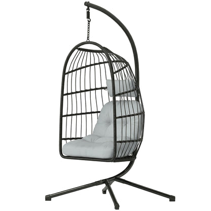 Hanging Egg Chair with Stand — Foldable PE Rattan Swing, Thick Cushion & Headrest, Adjustable Height, Light Gray