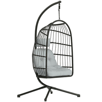 Hanging Egg Chair with Stand — Foldable PE Rattan Swing, Thick Cushion & Headrest, Adjustable Height, Light Gray
