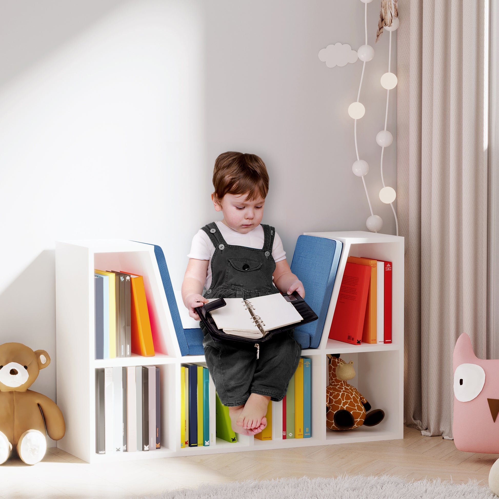 Bookcase Bench 2 in 1 Contemporary Design 6 Compartments 3 Cushions 102L x 30W x 61H cm White Blue