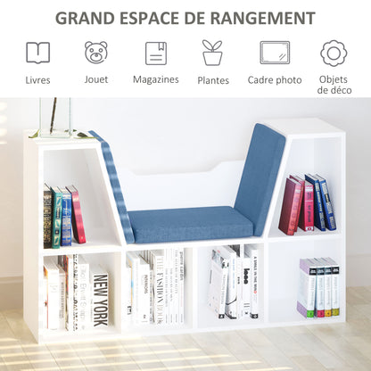 Bookcase Bench 2 in 1 Contemporary Design 6 Compartments 3 Cushions 102L x 30W x 61H cm White Blue