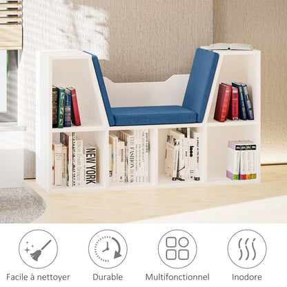 Bookcase Bench 2 in 1 Contemporary Design 6 Compartments 3 Cushions 102L x 30W x 61H cm White Blue