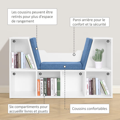 Bookcase Bench 2 in 1 Contemporary Design 6 Compartments 3 Cushions 102L x 30W x 61H cm White Blue