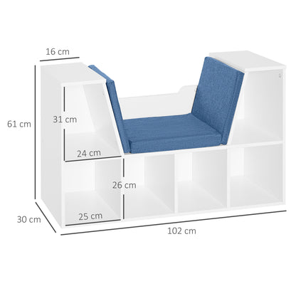 Bookcase Bench 2 in 1 Contemporary Design 6 Compartments 3 Cushions 102L x 30W x 61H cm White Blue