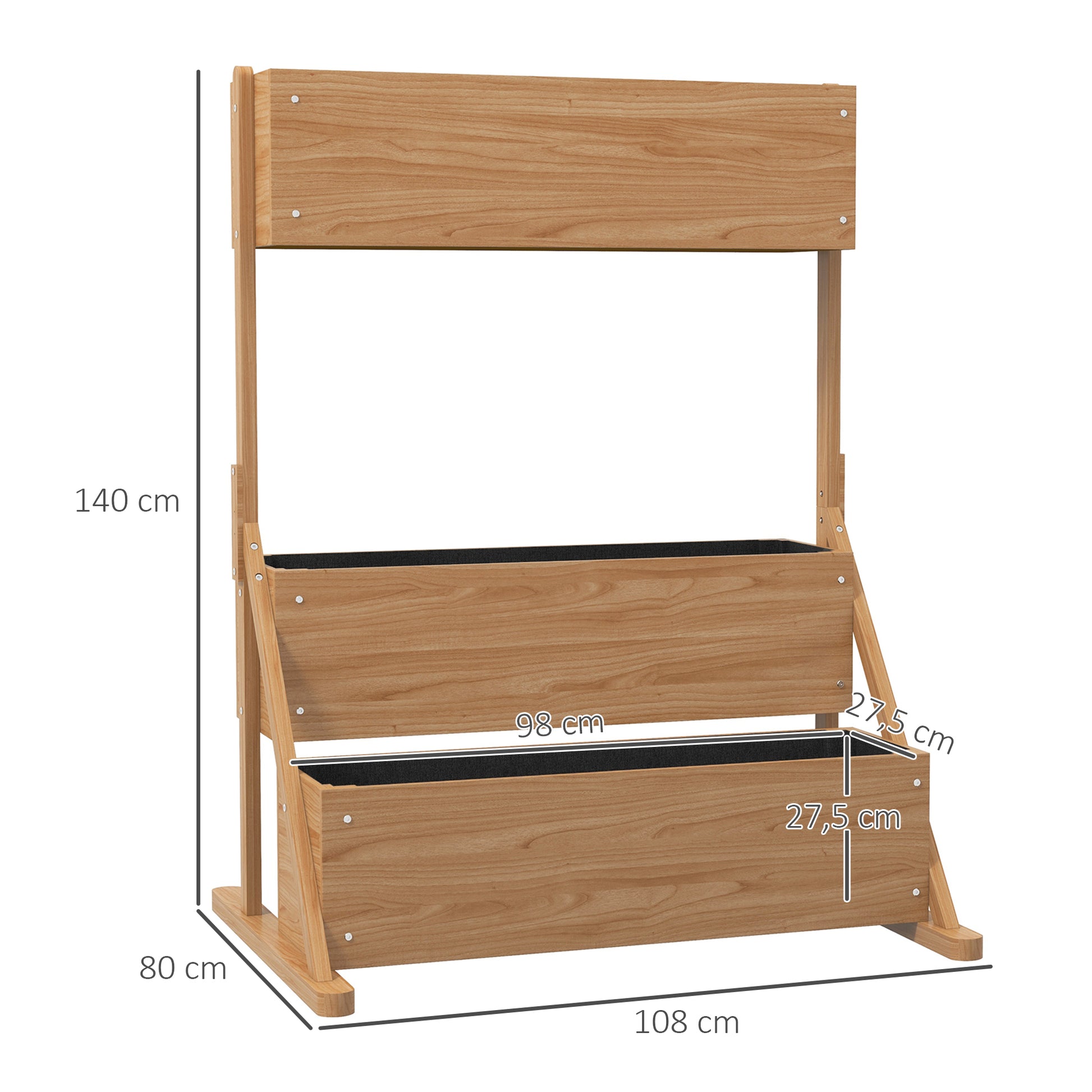Raised Planter Box made of Wood, 3-Tier Flower Box Vegetable Garden with Inner Lining, Herb Box for Garden, Balcony, Natural, 108 x 80 x 140 cm