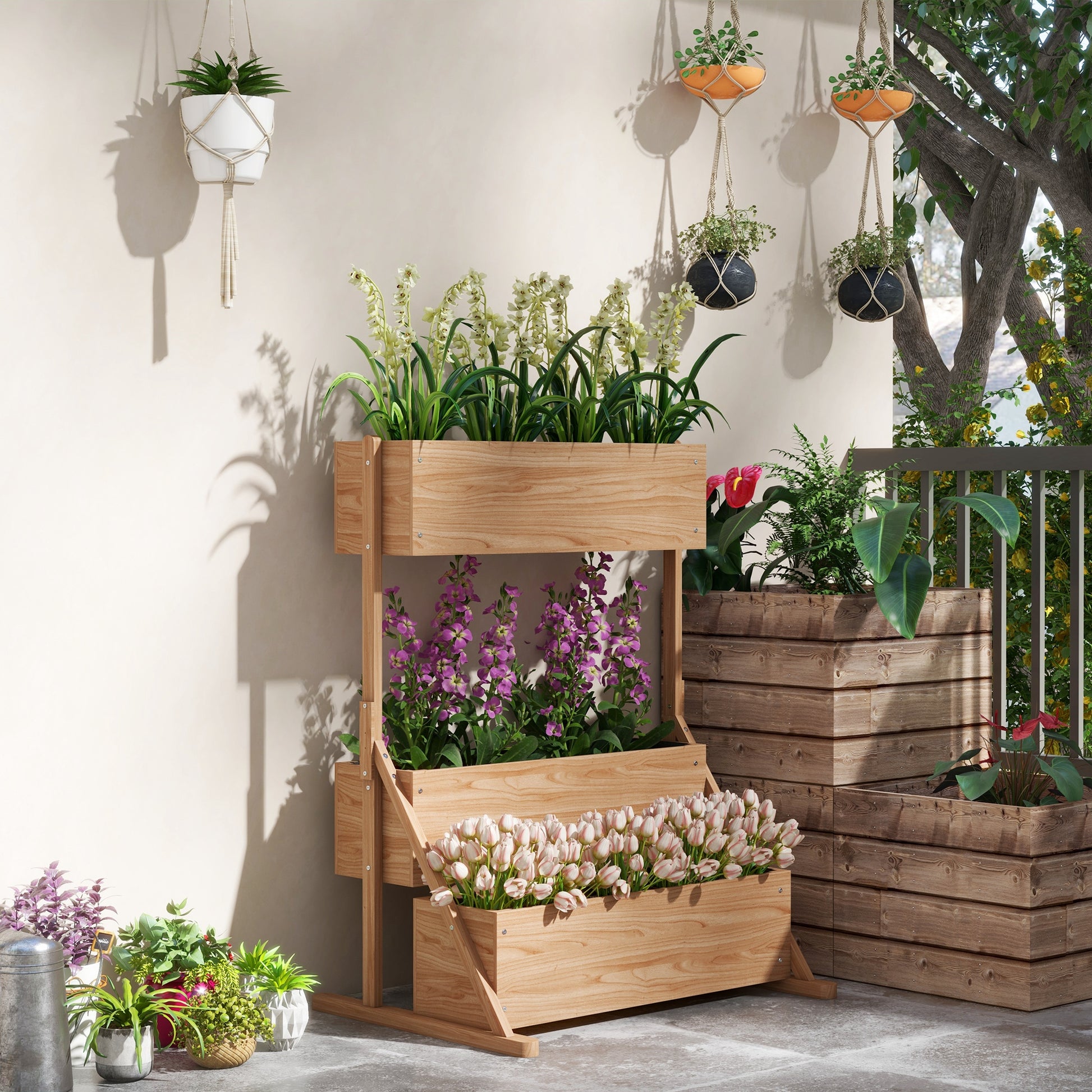 Raised Planter Box made of Wood, 3-Tier Flower Box Vegetable Garden with Inner Lining, Herb Box for Garden, Balcony, Natural, 108 x 80 x 140 cm