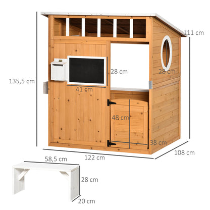 Wooden Kids Playhouse with Bench Mailbox Chalkboard Planter Windows and Door for Outdoor 122x108x135.5 cm Natural