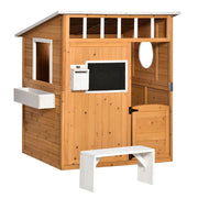 Wooden Kids Playhouse with Bench Mailbox Chalkboard Planter Windows and Door for Outdoor 122x108x135.5 cm Natural