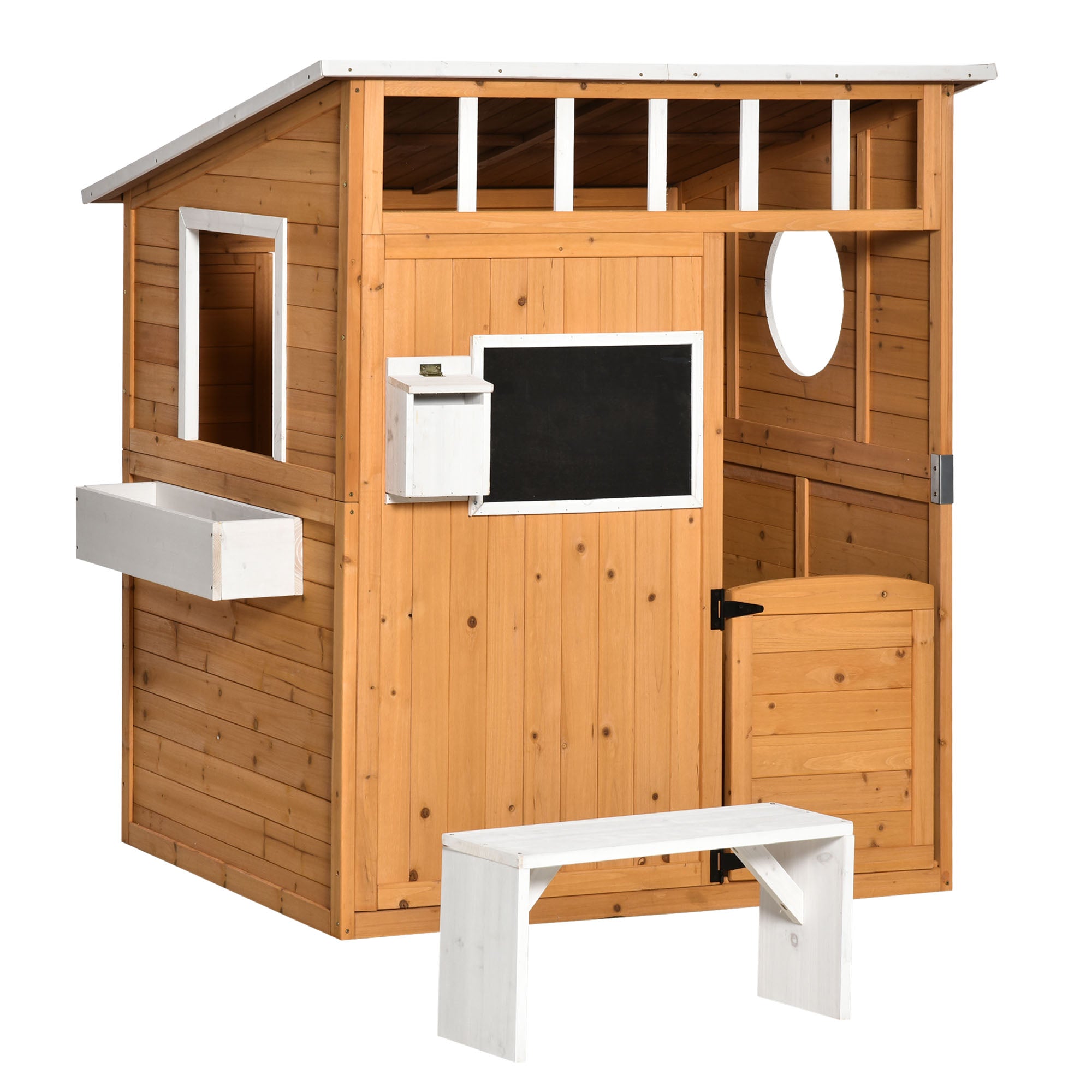 Wooden Kids Playhouse with Bench Mailbox Chalkboard Planter Windows and Door for Outdoor 122x108x135.5 cm Natural