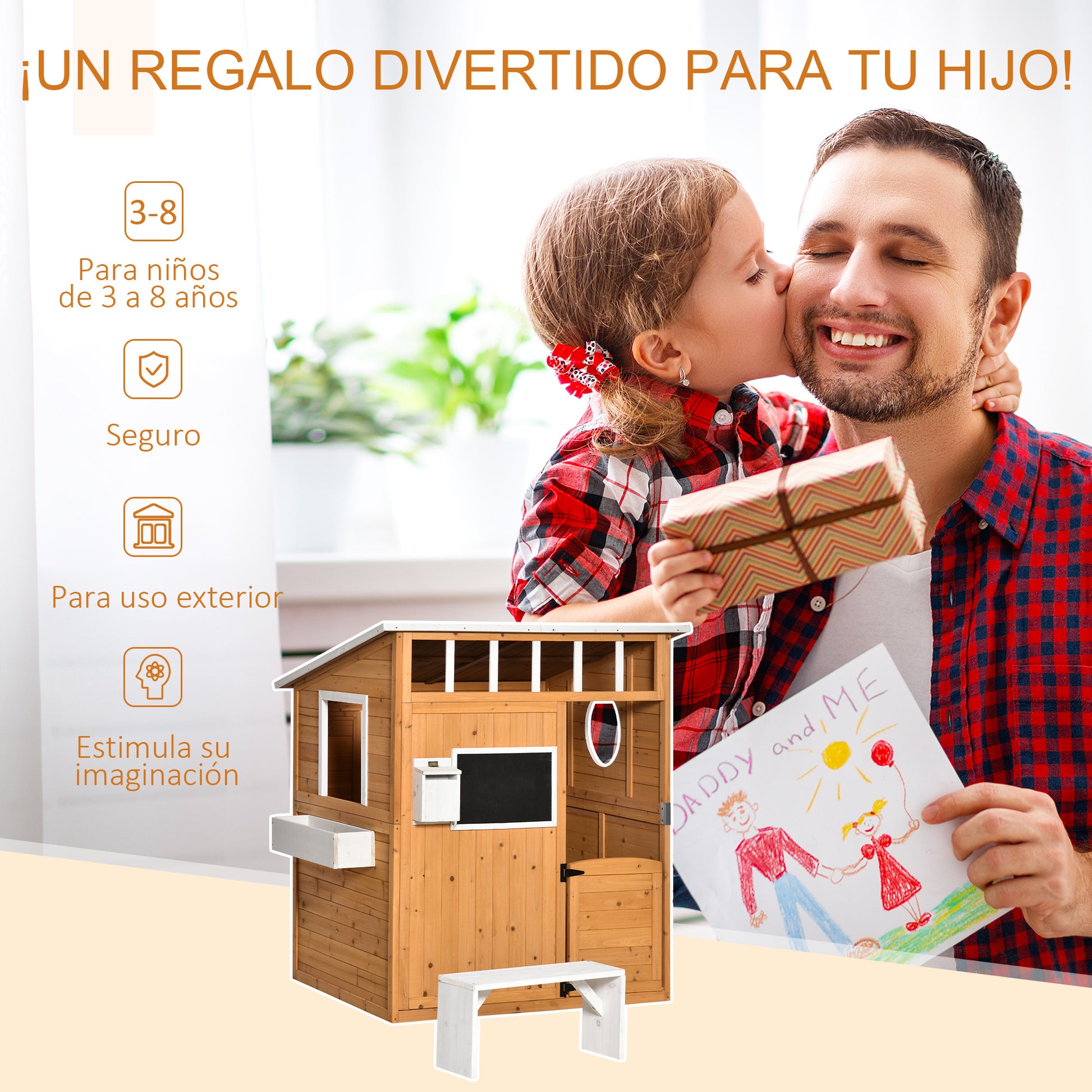Wooden Kids Playhouse with Bench Mailbox Chalkboard Planter Windows and Door for Outdoor 122x108x135.5 cm Natural
