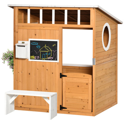 Wooden Kids Playhouse with Bench Mailbox Chalkboard Planter Windows and Door for Outdoor 122x108x135.5 cm Natural