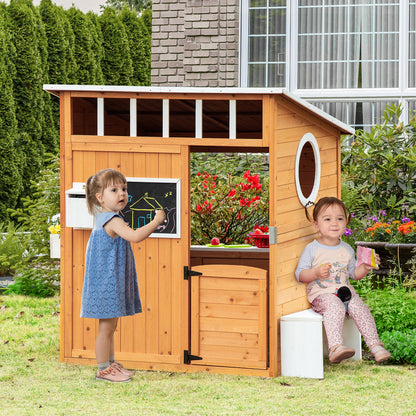 Wooden Kids Playhouse with Bench Mailbox Chalkboard Planter Windows and Door for Outdoor 122x108x135.5 cm Natural
