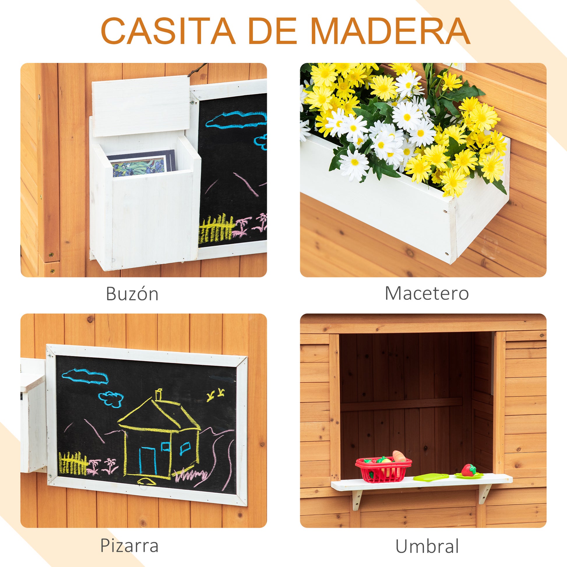 Wooden Kids Playhouse with Bench Mailbox Chalkboard Planter Windows and Door for Outdoor 122x108x135.5 cm Natural