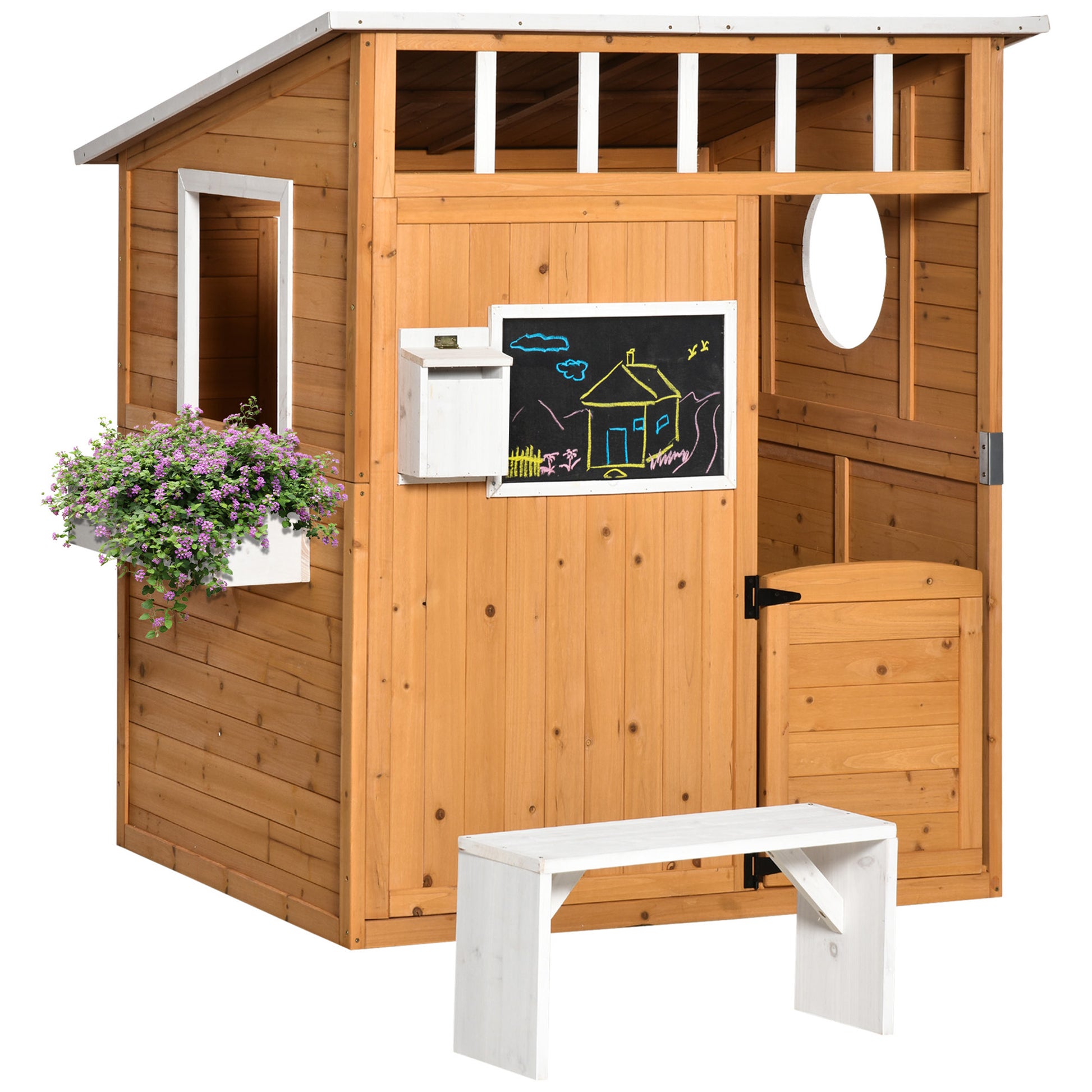 Wooden Kids Playhouse with Bench Mailbox Chalkboard Planter Windows and Door for Outdoor 122x108x135.5 cm Natural