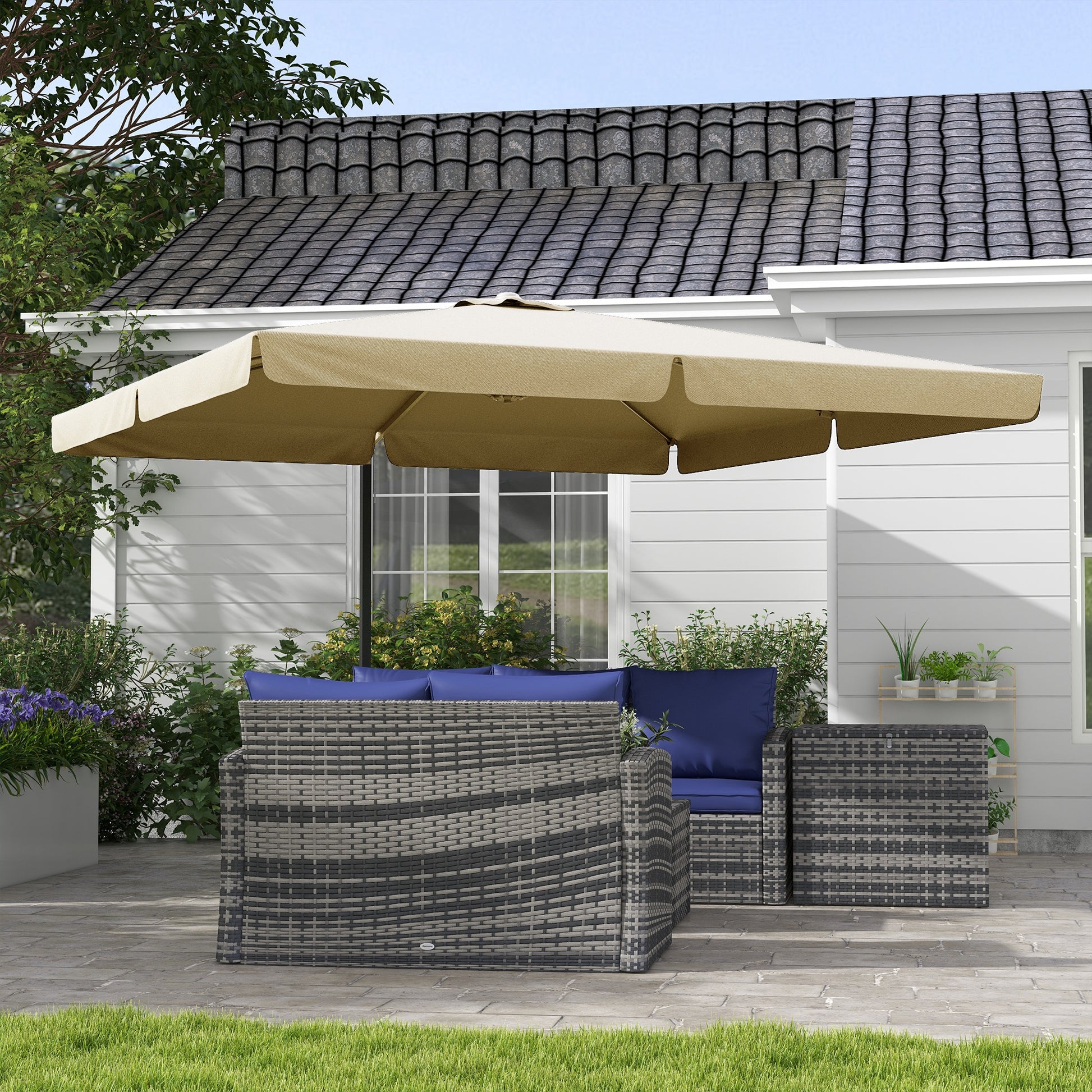 Square Tilted Cantilever Umbrella with Cross Base 3x3x2.56H m, Aluminum for Garden, Terrace, Balcony, Beige