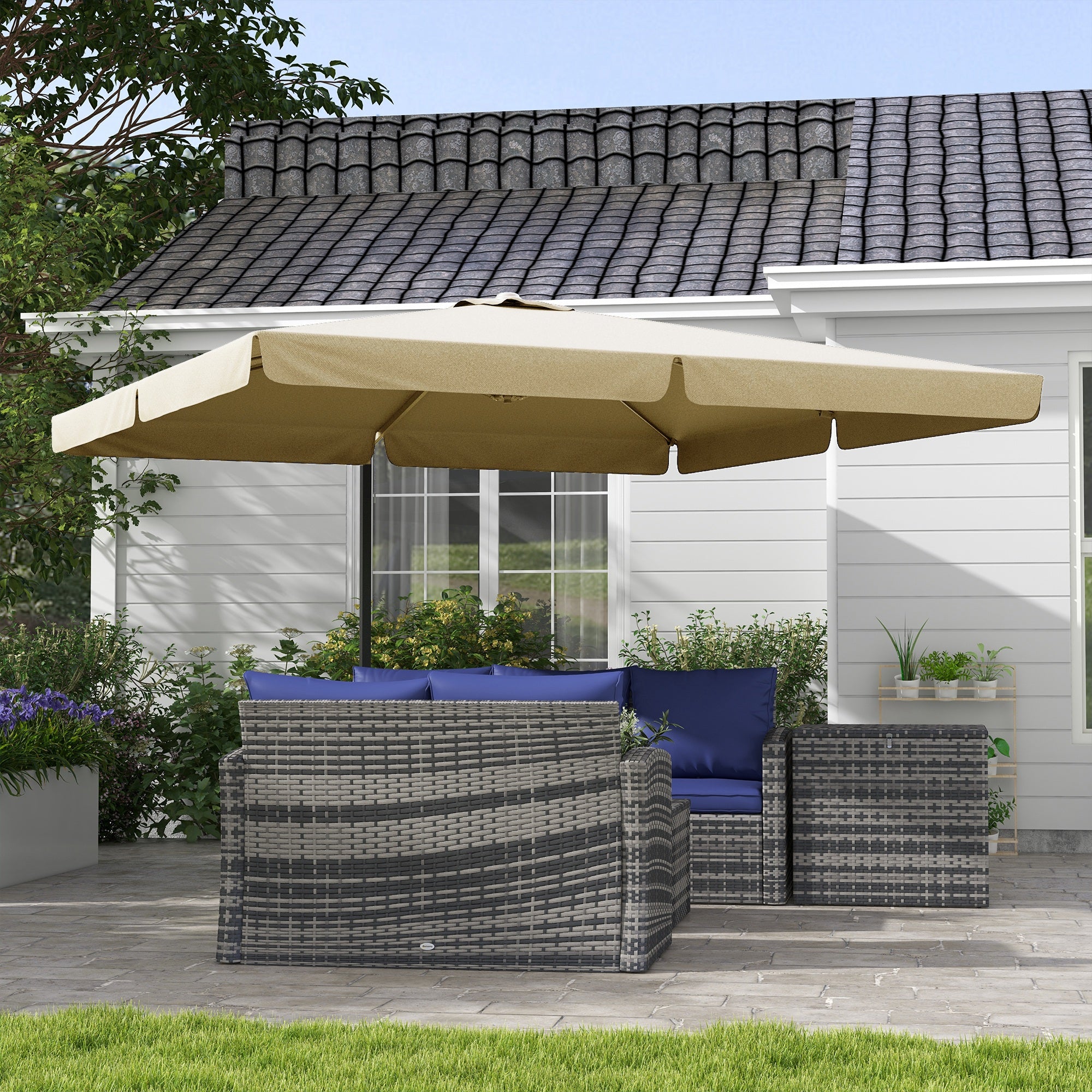 Square Tilted Cantilever Umbrella with Cross Base 3x3x2.56H m, Aluminum for Garden, Terrace, Balcony, Beige