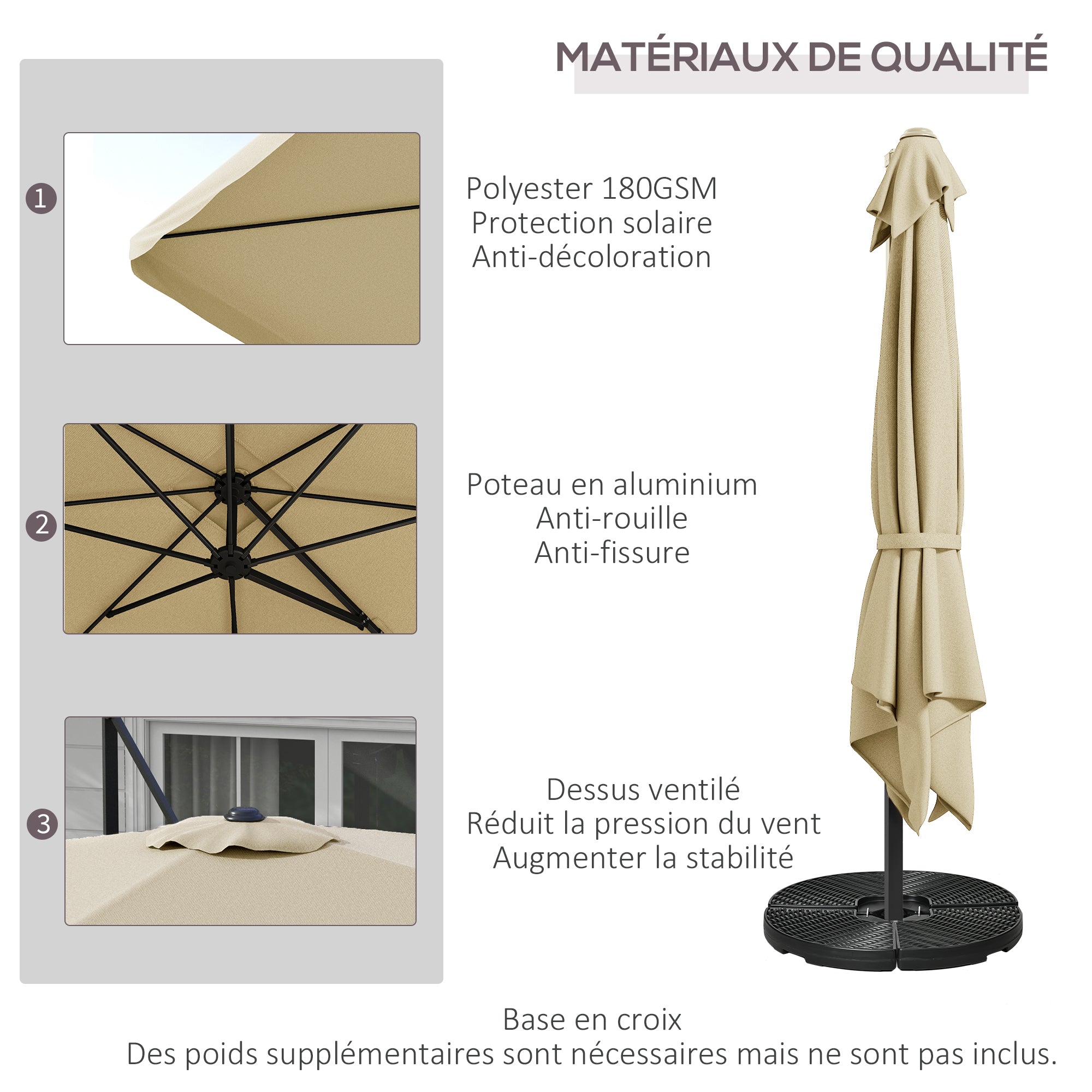 Square Tilted Cantilever Umbrella with Cross Base 3x3x2.56H m, Aluminum for Garden, Terrace, Balcony, Beige