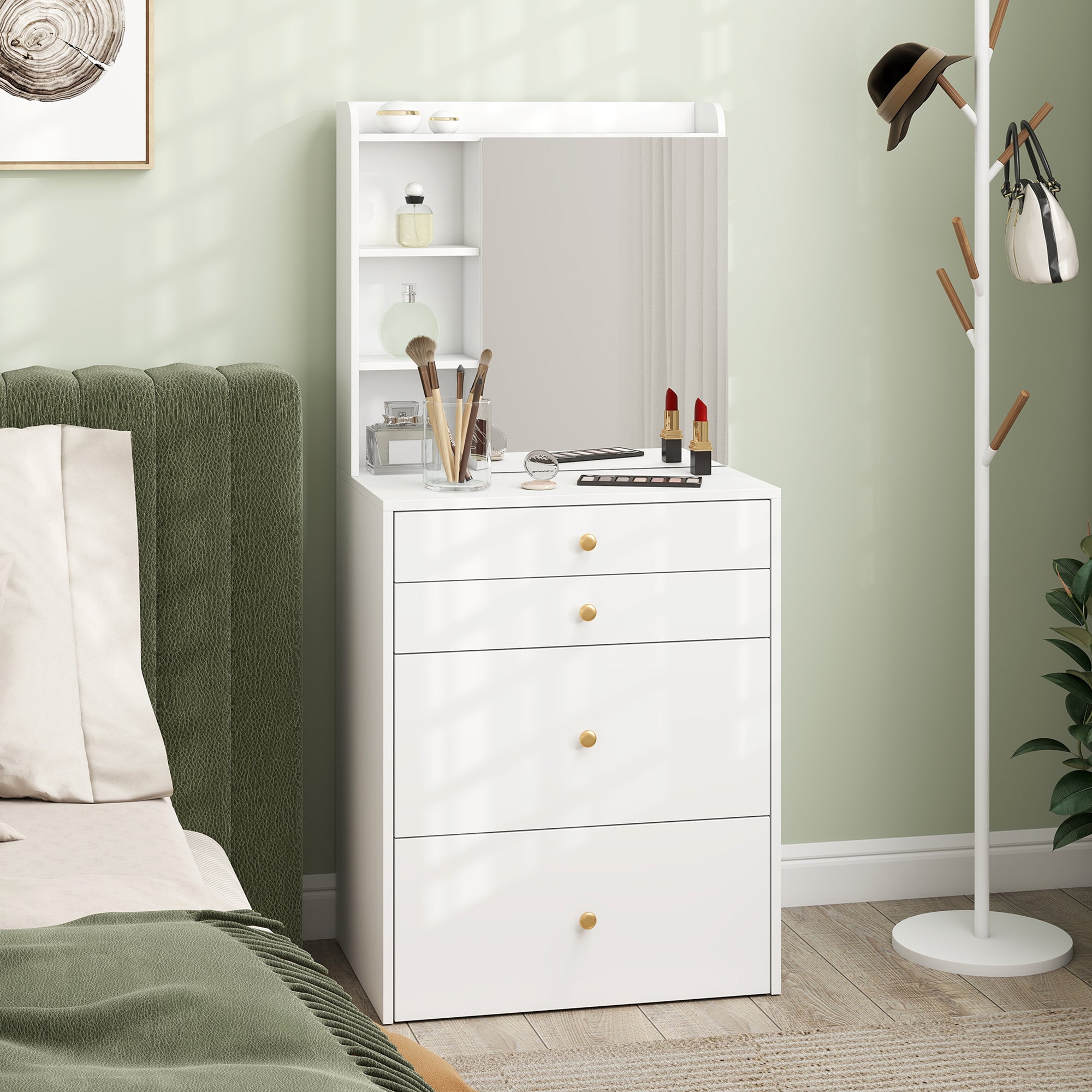 Makeup Vanity with Mirror and Rolling Storage Stool, Cabinet, Drawers, Open Shelves, Linen-Effect Padded Stool, Space-Saving, Modern, White
