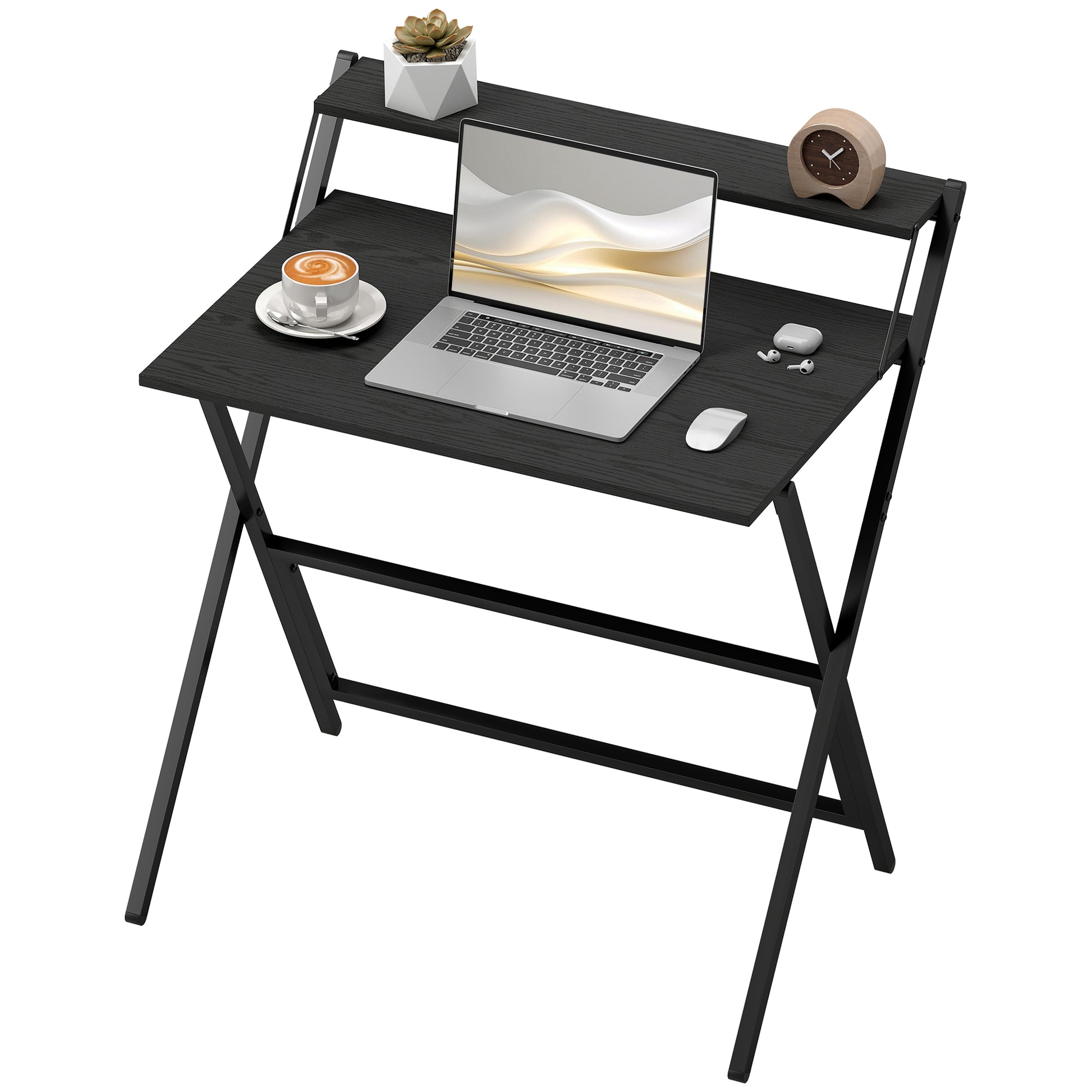 Space-Saving Folding Desk with Monitor Shelf, Small and Foldable Computer Table for Office and Study, Steel, 81.5x62x86.5 cm, Black