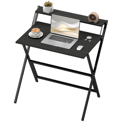 Space-Saving Folding Desk with Monitor Shelf, Small and Foldable Computer Table for Office and Study, Steel, 81.5x62x86.5 cm, Black