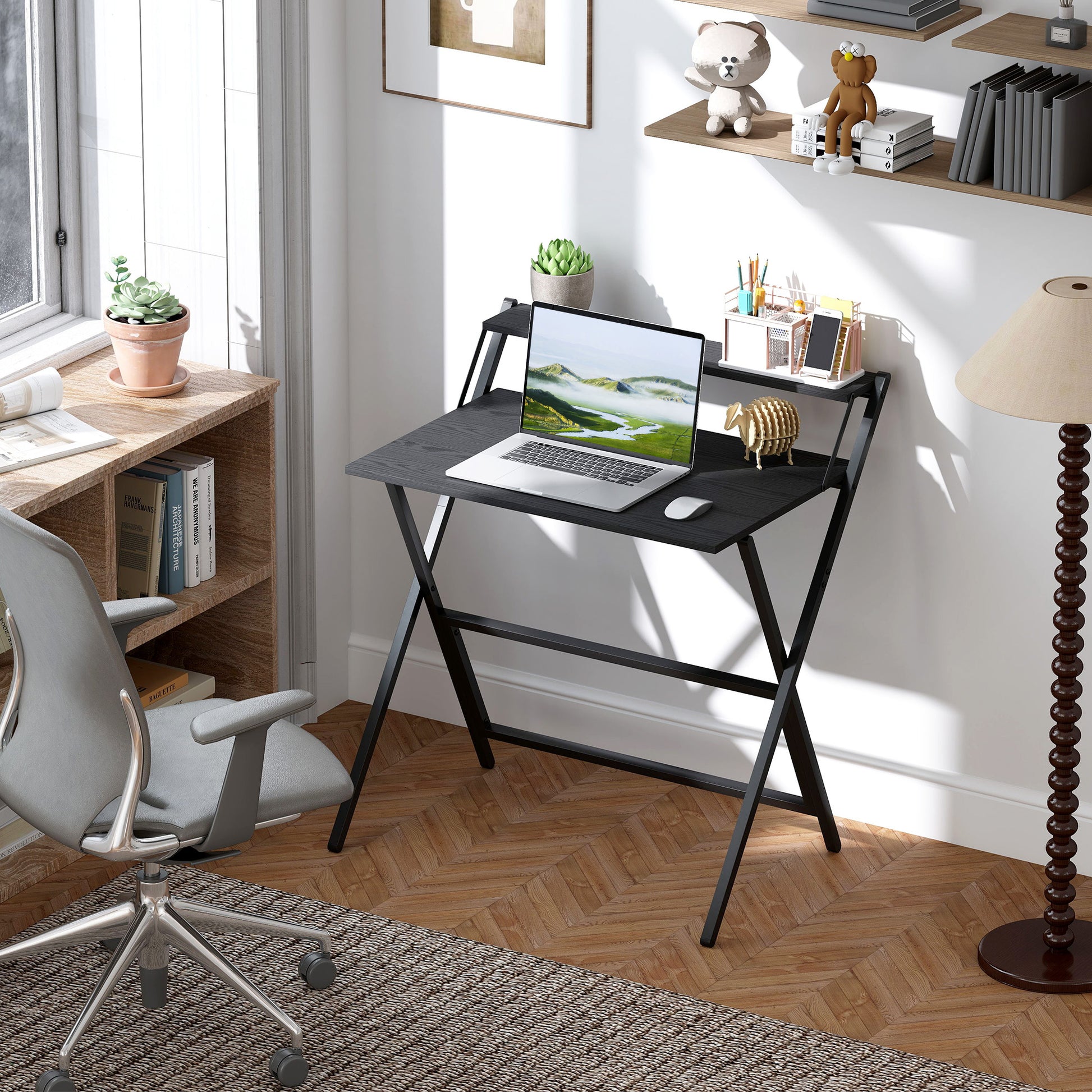 Space-Saving Folding Desk with Monitor Shelf, Small and Foldable Computer Table for Office and Study, Steel, 81.5x62x86.5 cm, Black