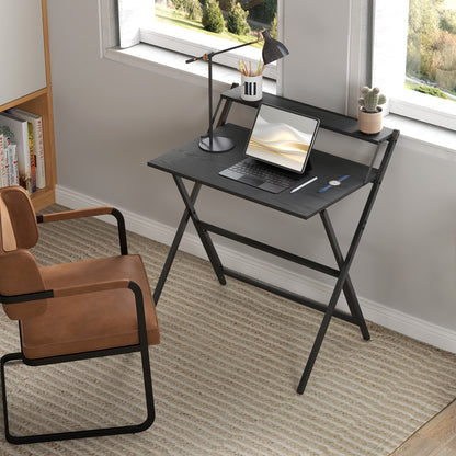 Space-Saving Folding Desk with Monitor Shelf, Small and Foldable Computer Table for Office and Study, Steel, 81.5x62x86.5 cm, Black