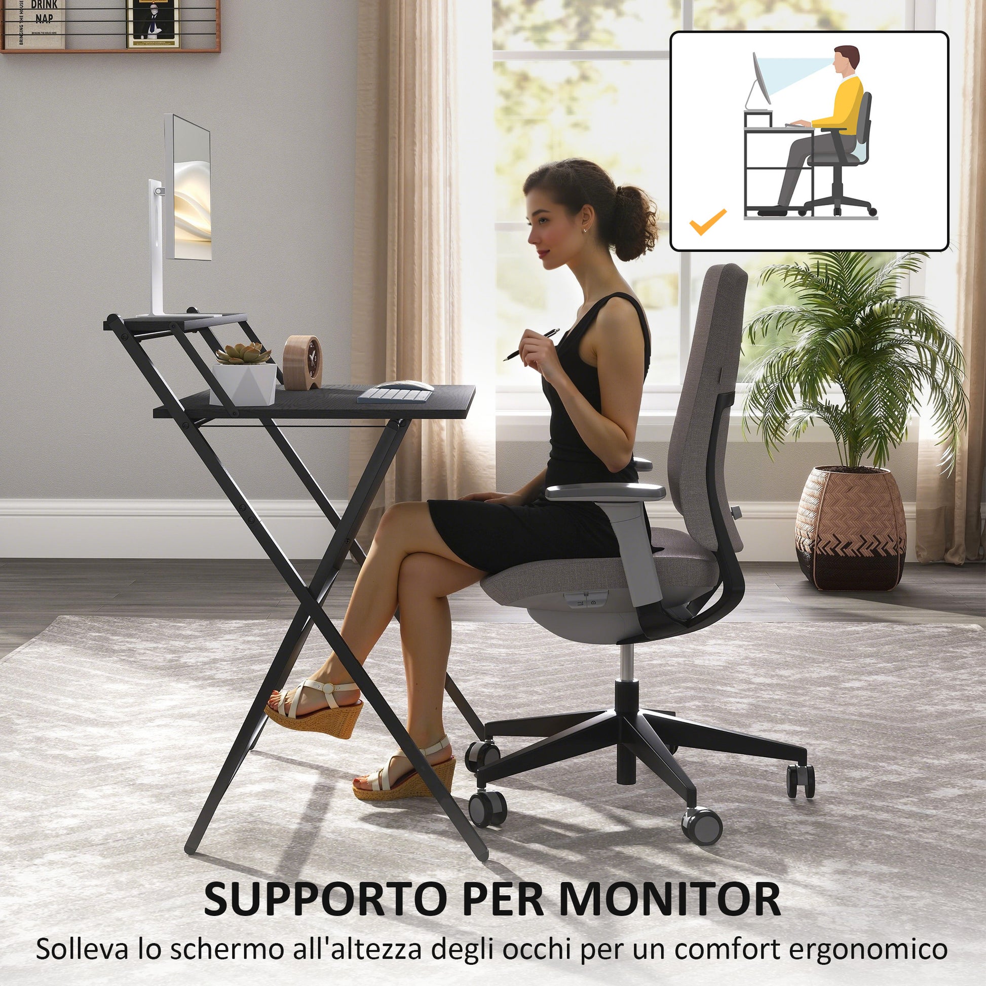 Space-Saving Folding Desk with Monitor Shelf, Small and Foldable Computer Table for Office and Study, Steel, 81.5x62x86.5 cm, Black