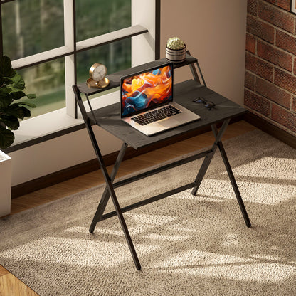 Space-Saving Folding Desk with Monitor Shelf, Small and Foldable Computer Table for Office and Study, Steel, 81.5x62x86.5 cm, Black