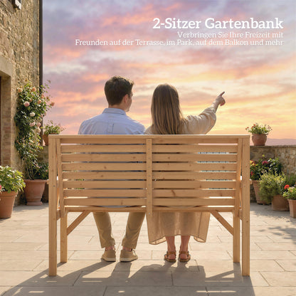 2-Seater Wooden Garden Bench — Slatted Bench with Armrests & Backrest, Fir Wood Frame for Garden, Balcony & Patio