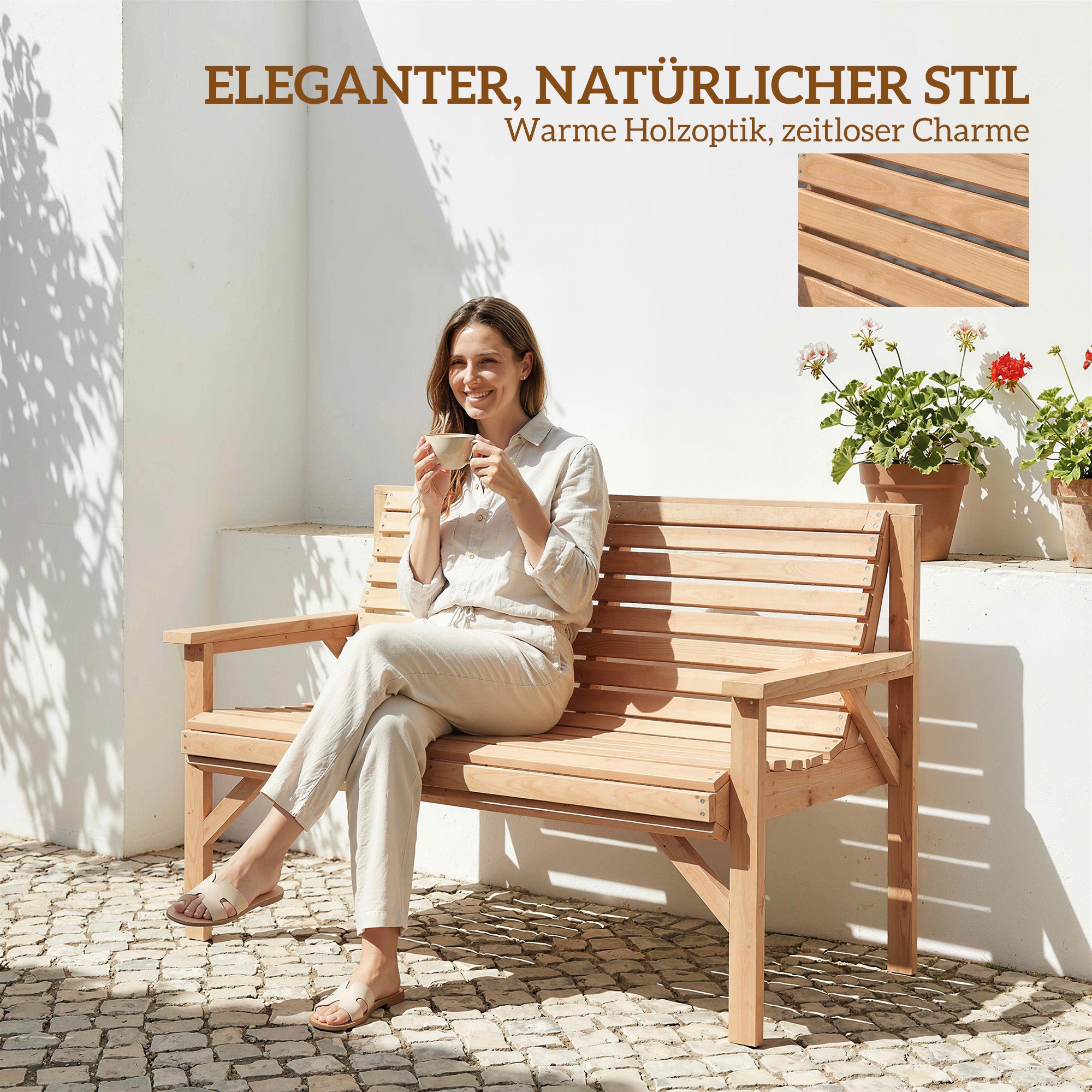 2-Seater Wooden Garden Bench — Slatted Bench with Armrests & Backrest, Fir Wood Frame for Garden, Balcony & Patio