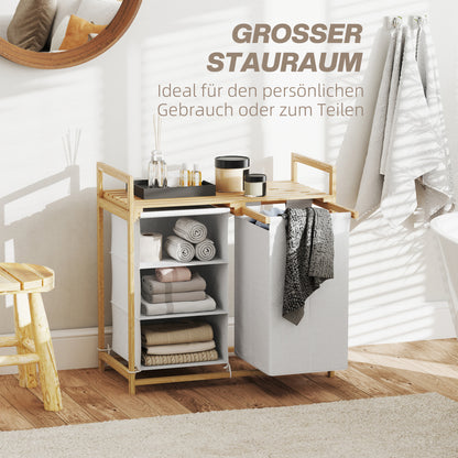 Laundry Basket 4 Compartments Bamboo Laundry Hamper 83L with 2 Extendable & Removable Fabric Bags, Shelf Laundry Box with Handle Laundry Sorter 70 x 36 x 70 cm White