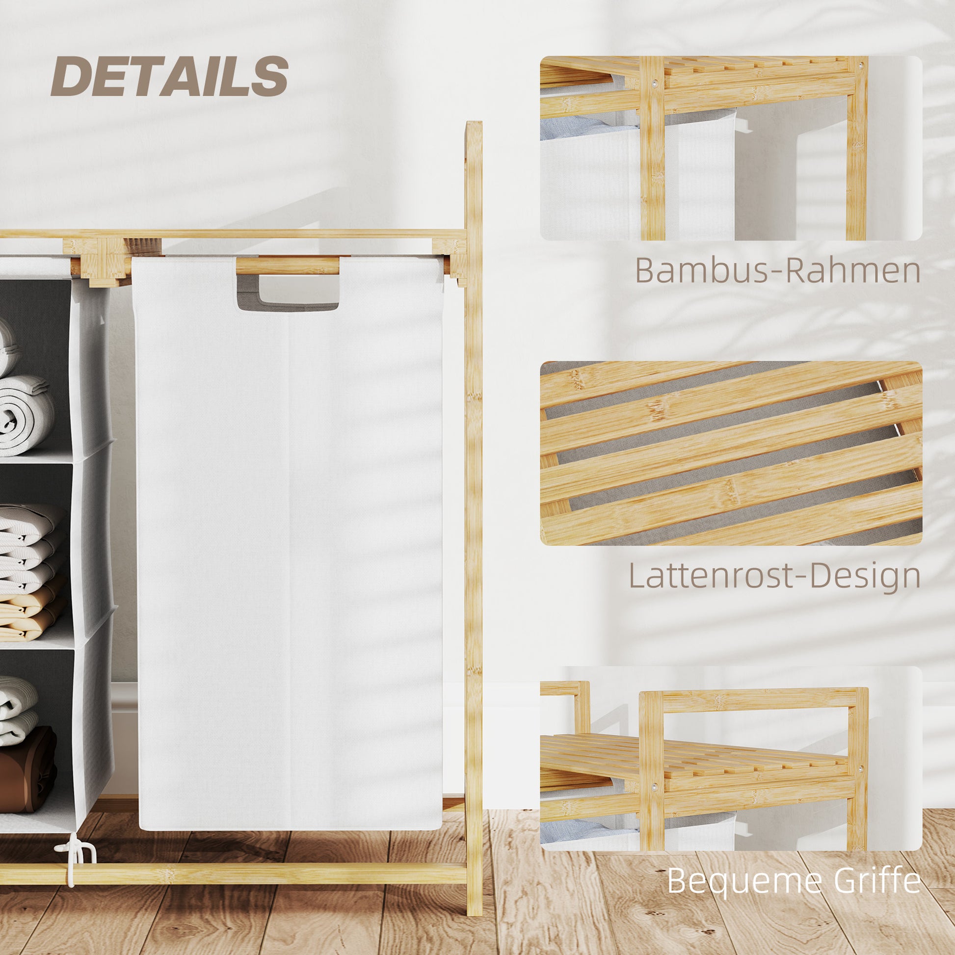 Laundry Basket 4 Compartments Bamboo Laundry Hamper 83L with 2 Extendable & Removable Fabric Bags, Shelf Laundry Box with Handle Laundry Sorter 70 x 36 x 70 cm White