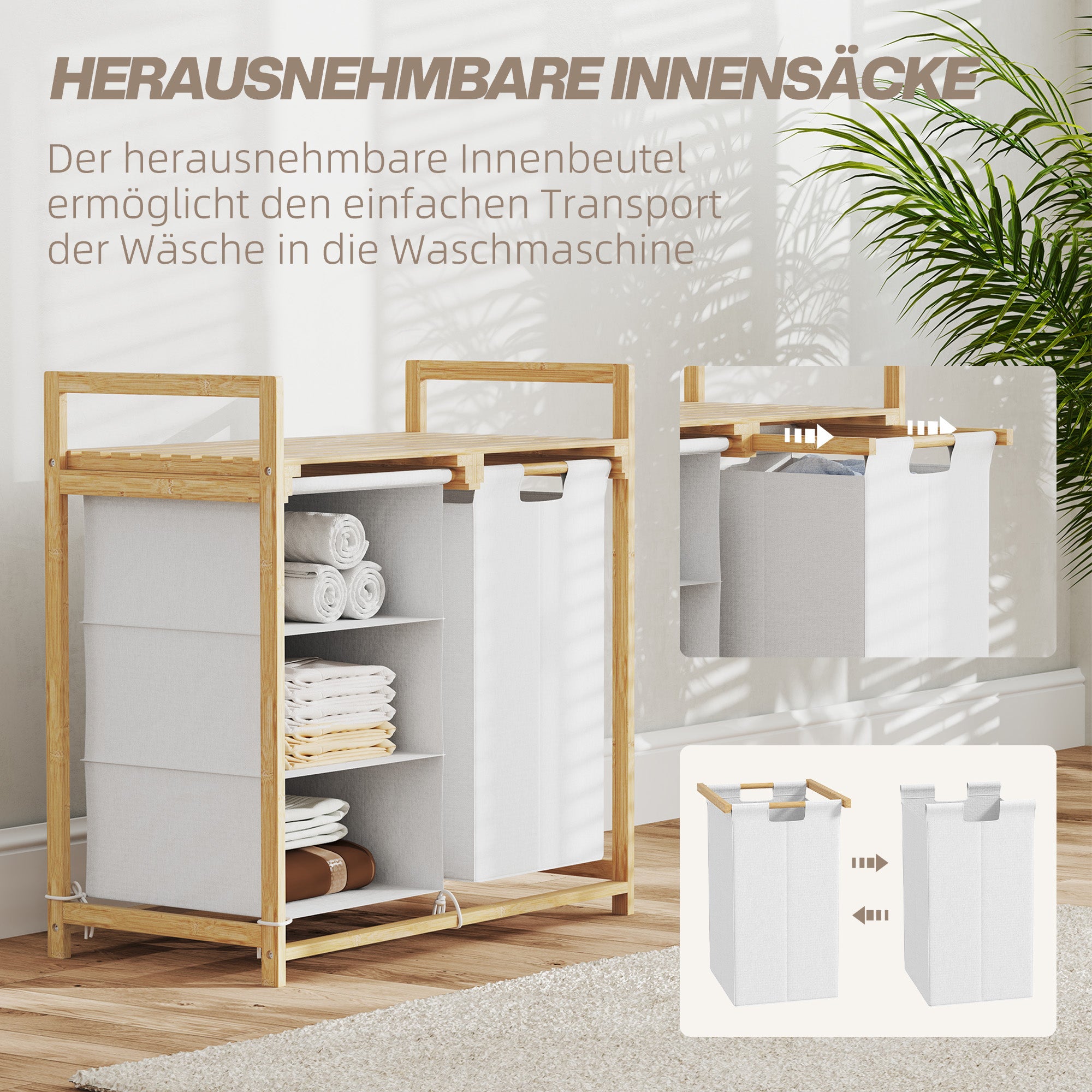 Laundry Basket 4 Compartments Bamboo Laundry Hamper 83L with 2 Extendable & Removable Fabric Bags, Shelf Laundry Box with Handle Laundry Sorter 70 x 36 x 70 cm White