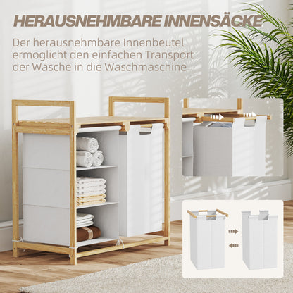 Laundry Basket 4 Compartments Bamboo Laundry Hamper 83L with 2 Extendable & Removable Fabric Bags, Shelf Laundry Box with Handle Laundry Sorter 70 x 36 x 70 cm White