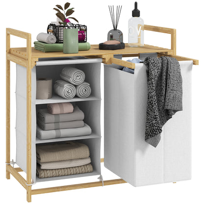Laundry Basket 4 Compartments Bamboo Laundry Hamper 83L with 2 Extendable & Removable Fabric Bags, Shelf Laundry Box with Handle Laundry Sorter 70 x 36 x 70 cm White