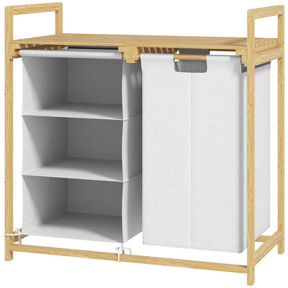 Laundry Basket 4 Compartments Bamboo Laundry Hamper 83L with 2 Extendable & Removable Fabric Bags, Shelf Laundry Box with Handle Laundry Sorter 70 x 36 x 70 cm White