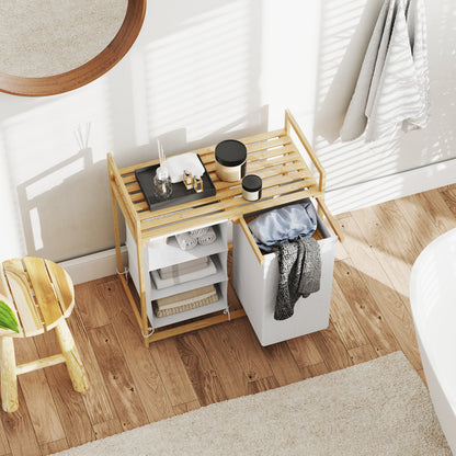 Laundry Basket 4 Compartments Bamboo Laundry Hamper 83L with 2 Extendable & Removable Fabric Bags, Shelf Laundry Box with Handle Laundry Sorter 70 x 36 x 70 cm White