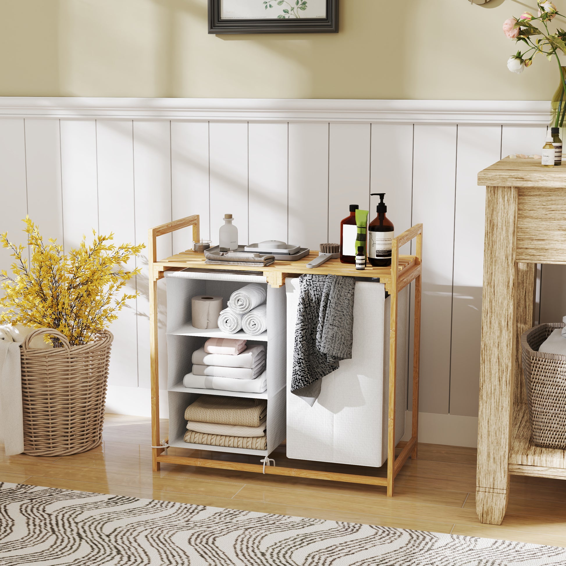 Laundry Basket 4 Compartments Bamboo Laundry Hamper 83L with 2 Extendable & Removable Fabric Bags, Shelf Laundry Box with Handle Laundry Sorter 70 x 36 x 70 cm White