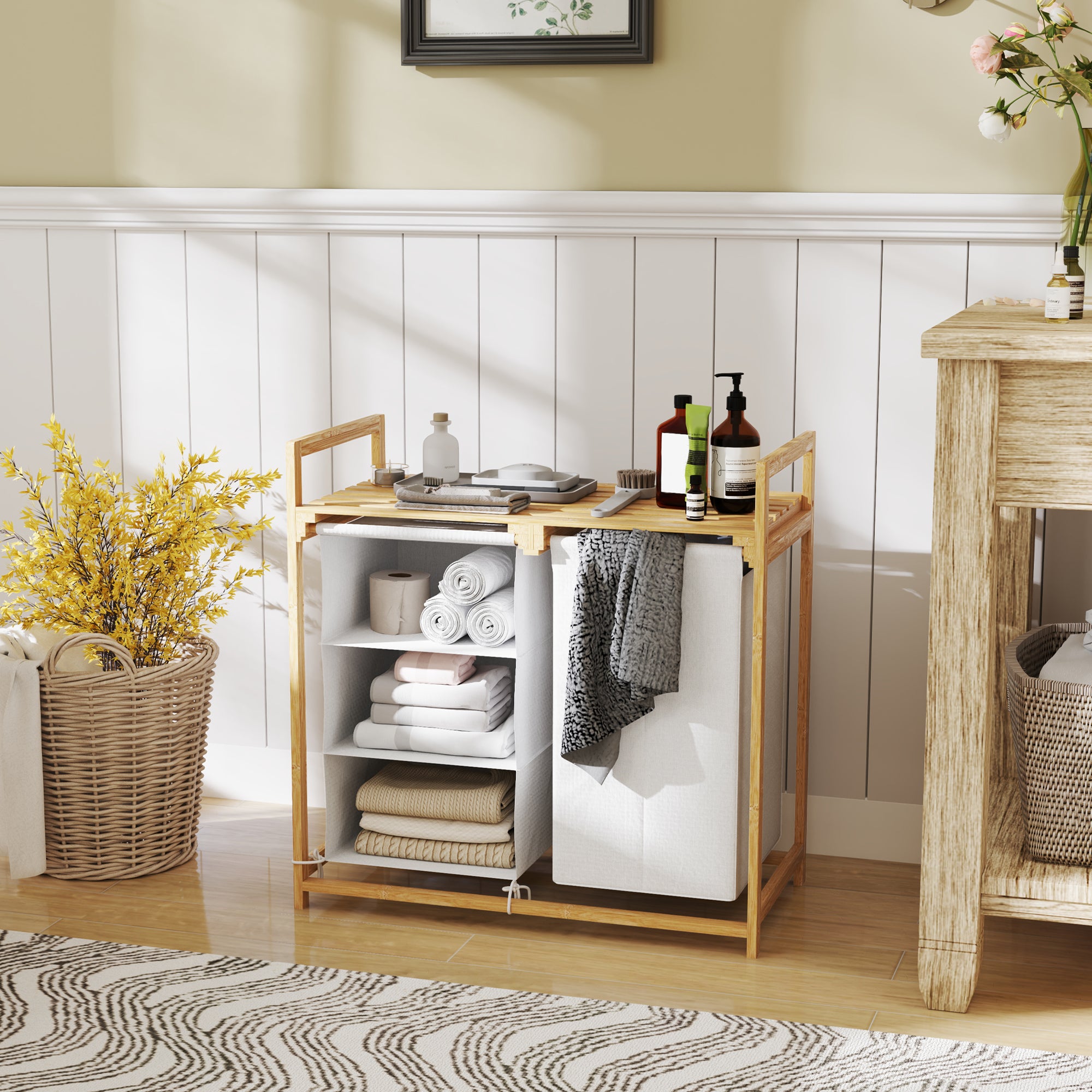 Laundry Basket 4 Compartments Bamboo Laundry Hamper 83L with 2 Extendable & Removable Fabric Bags, Shelf Laundry Box with Handle Laundry Sorter 70 x 36 x 70 cm White